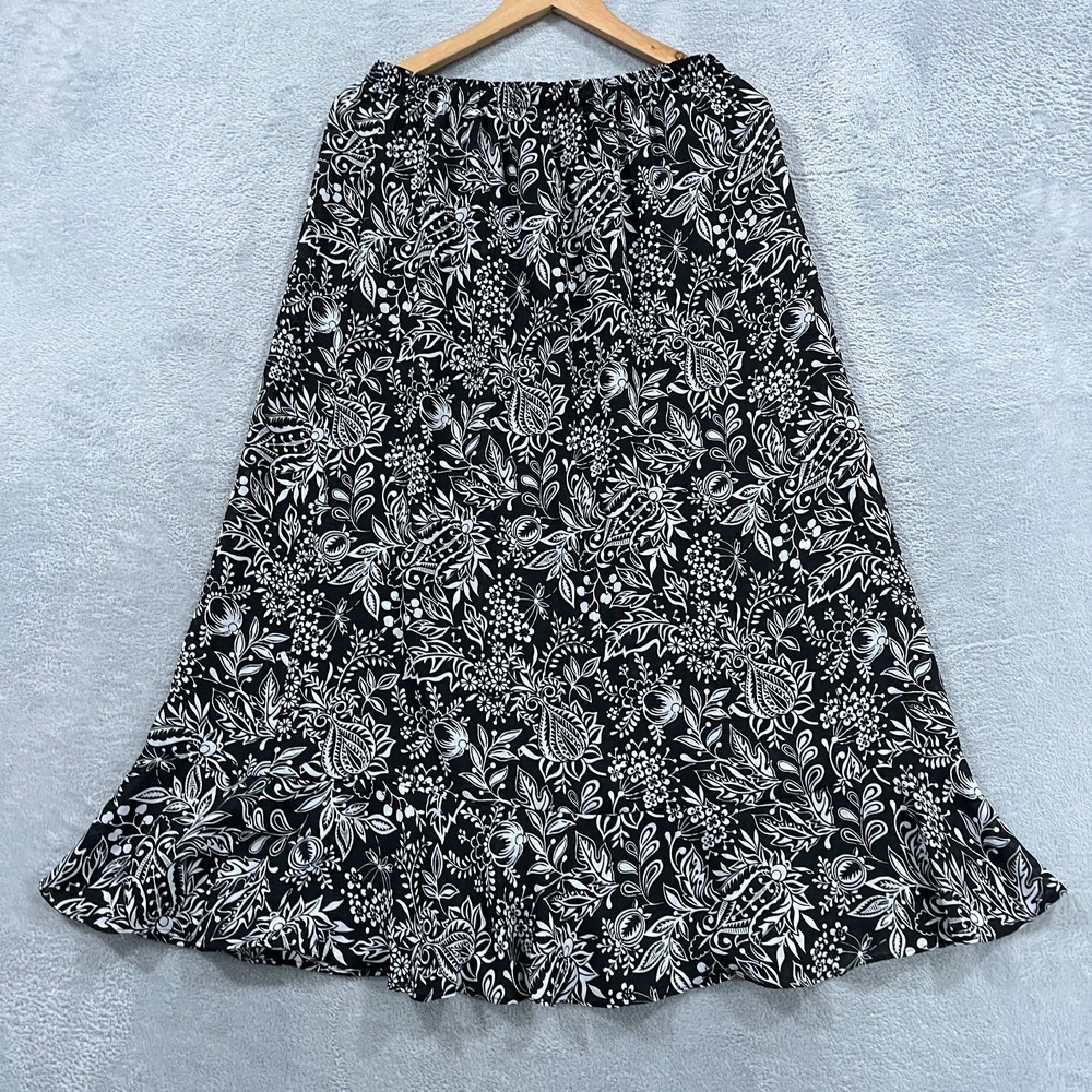 Vtg Southern Lady Maxi Skirt Womens 14 Black White Floral Elastic Waist Pull On